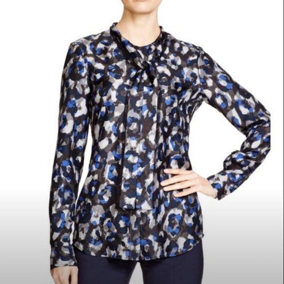 Theory Tops - THEORY Silk Camo Tie Neck Button Down Blouse